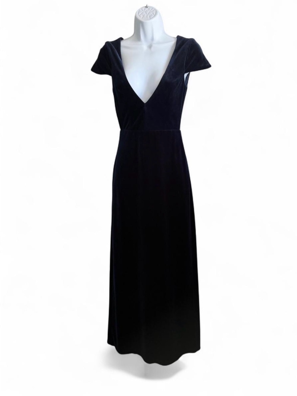 Lulu's navy blue Velvet Maxi Dress with Deep V-Neck